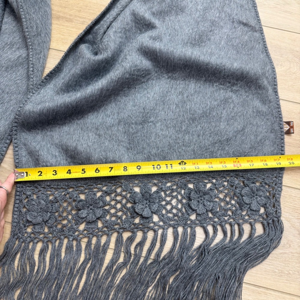 Alpaca Camargo Gray Alpaca Wool Scarf Crochet Floral Fringe Scandi Lagenlook Big - Picture 9 of 12
